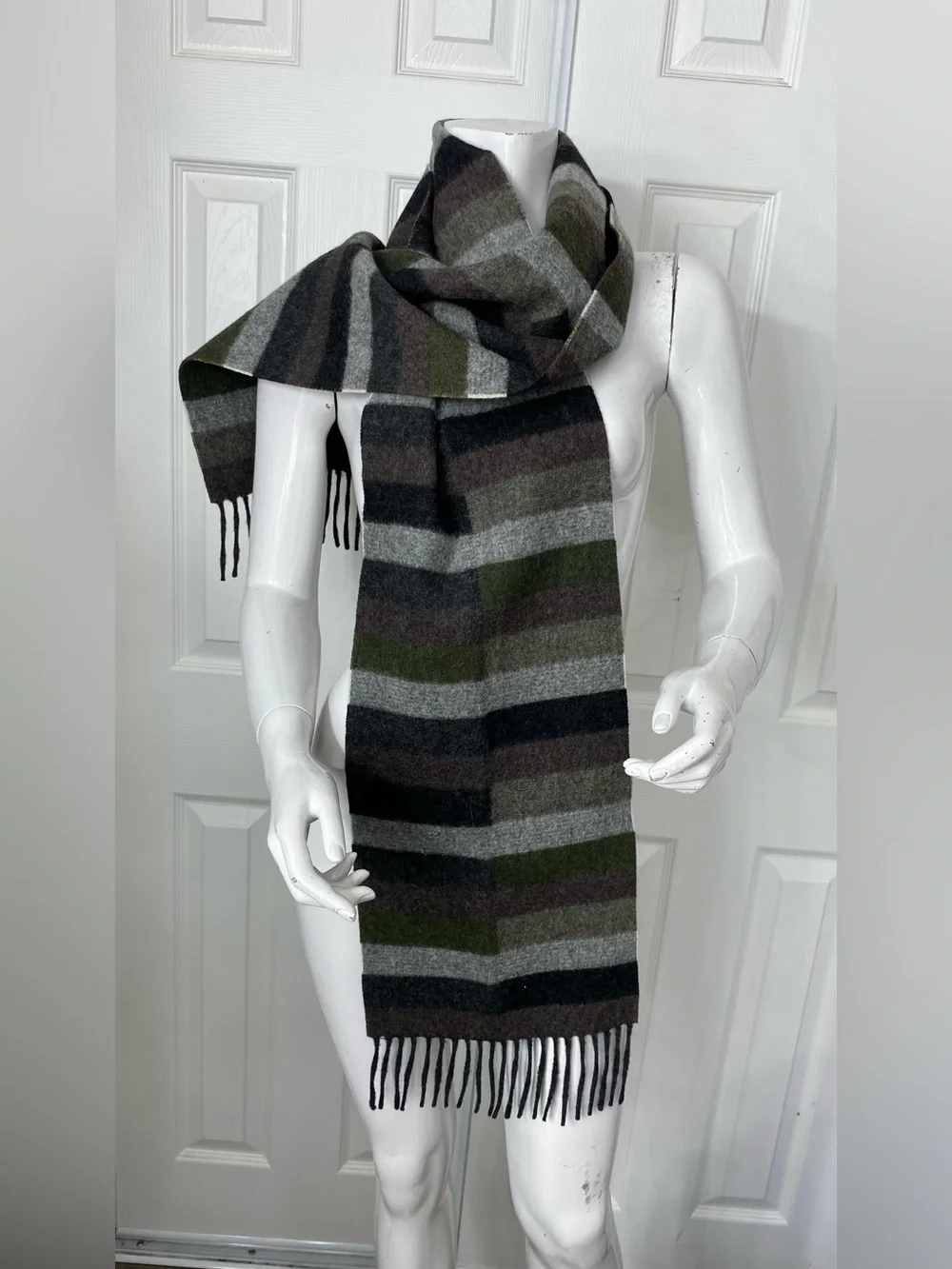 Eddie Bauer Olive, Gray & Black Striped Wool Blend Fringe Scarf